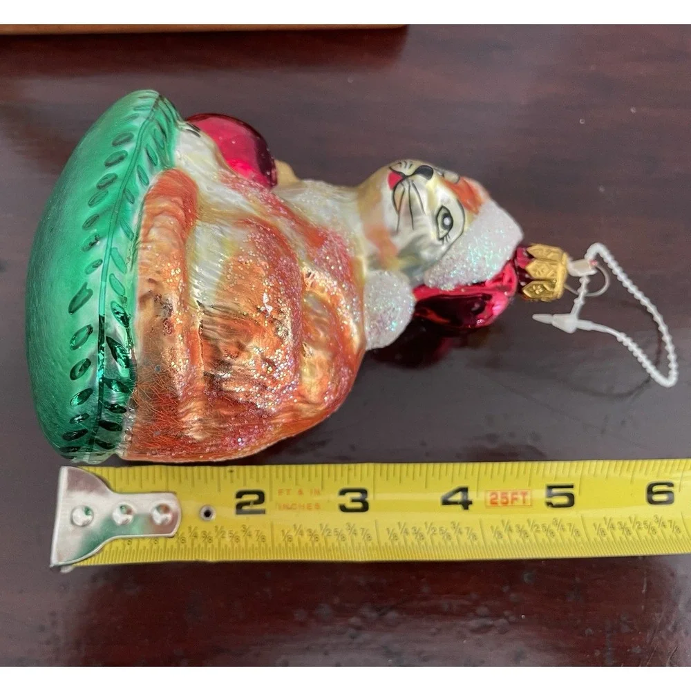 Vtg Christopher Radko Christmas Ornament Tabby Santa Hat Cat Green Bed Cat Lover
